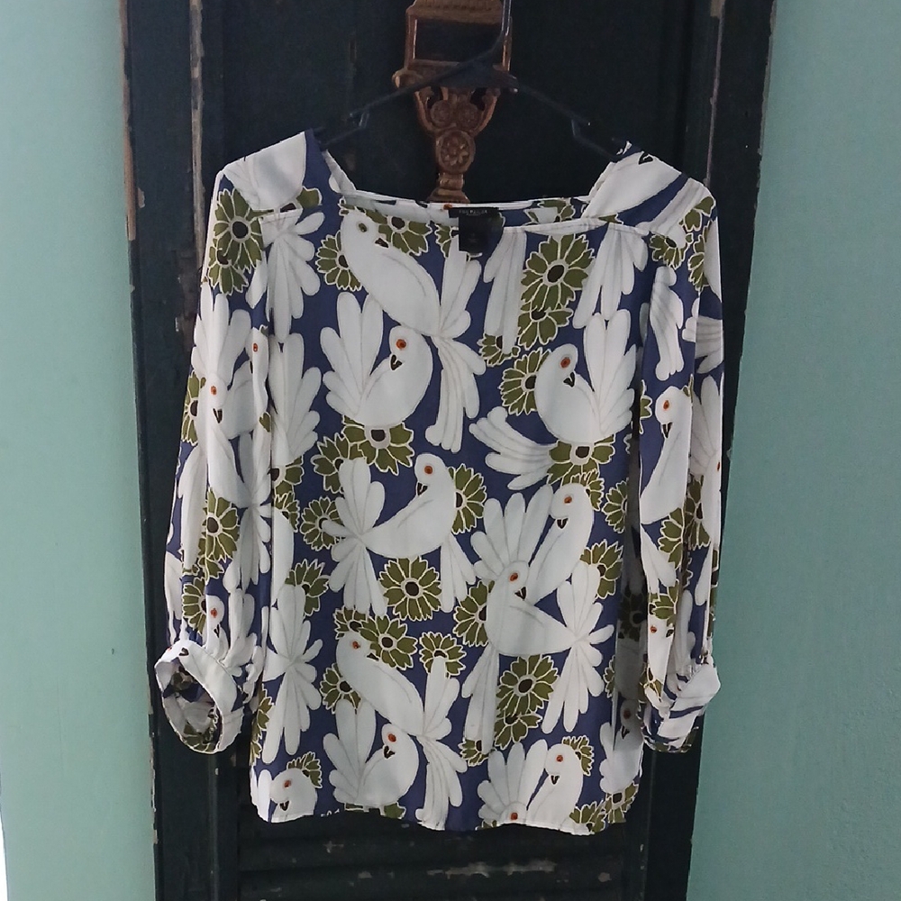 Ann Taylor Blue and Green Bird Print Blouse